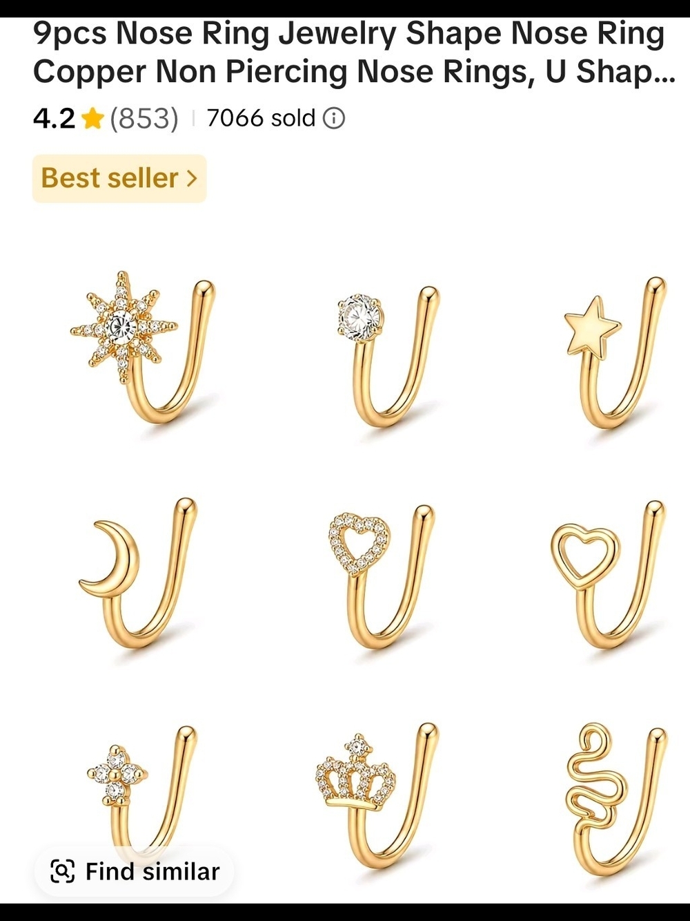 NWOT..Gold 9-Piece Non-Piercing Nose Ring Set — Decorative U-Shaped Styles